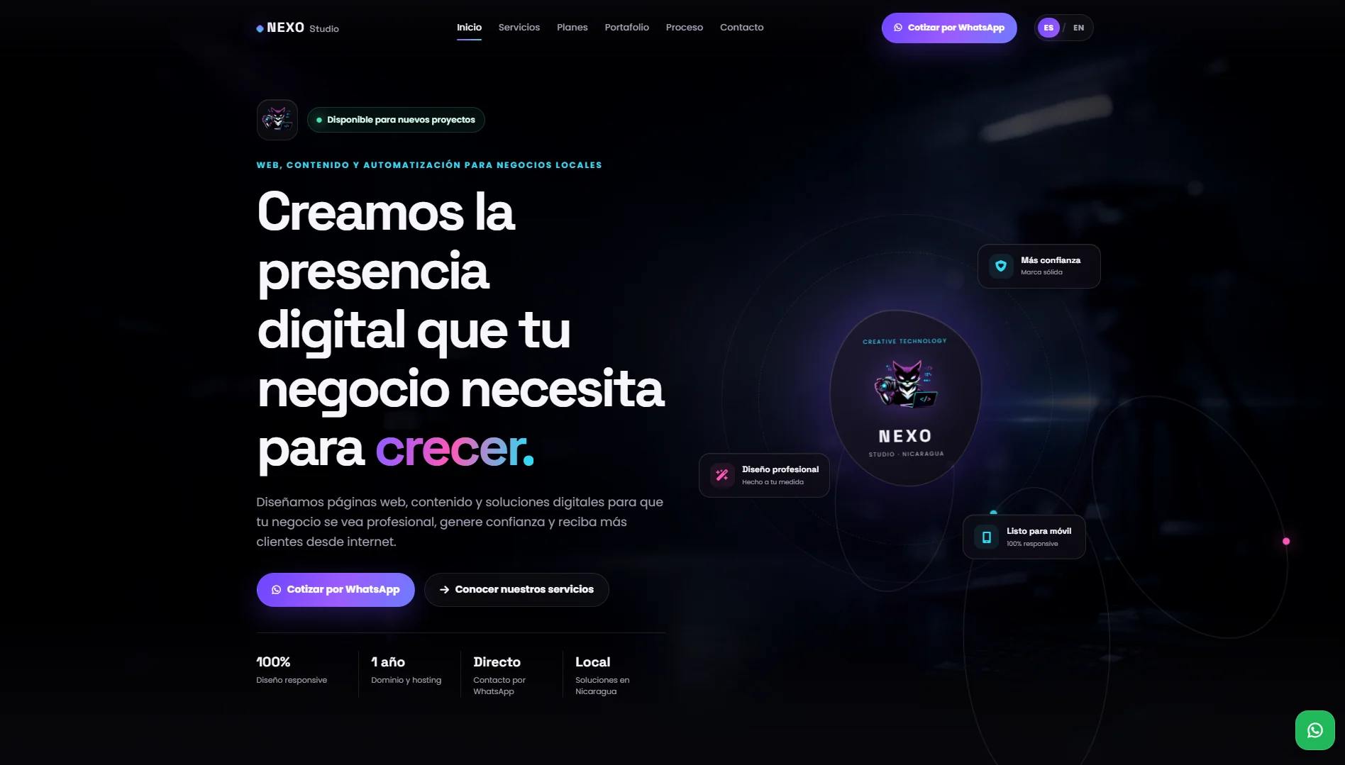 Vista de la página web de NEXO Studio