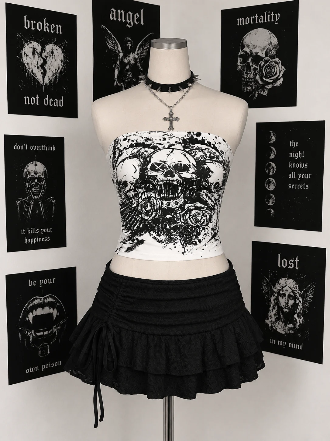 Fotografía de outfit blanco y oscuro para Kittyx Shop